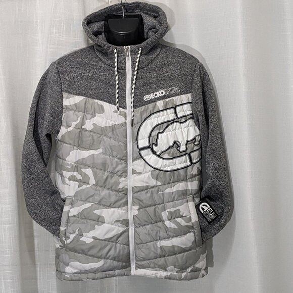 Mens Ecko Unltd Camo Quilted Zip-Up Hooded Jacket Size Small Gray - Picture 1 of 9